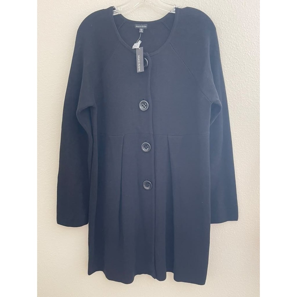 Madison Women XL Black Cotton Knit Button Front Empire Waist Cardigan Coat New
